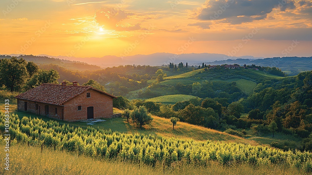 Obraz premium Tranquil Sunset Over Rolling Grassland with Winery