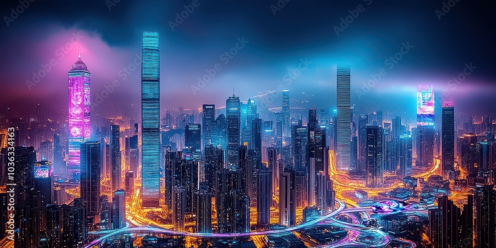 Futuristic Neon Cityscape with Skyscrapers and Illuminated Roads at Night, Technology Haven, Urban Skyline, Modern Architecture, Vibrant Colors, Cyberpunk Aesthetic Futuristic Neon Cityscape with Skyscrapers and Illuminated Roads at Night, Technology Haven, Urban Skyline, Modern Architecture, Vibrant Colors, Cyberpunk Aesthetic