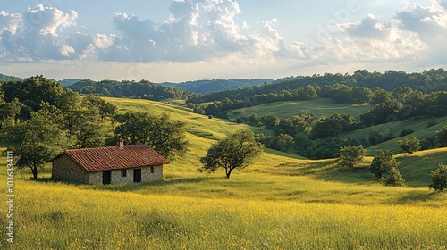 Tranquil Grassland with Cozy Winery in the Distance