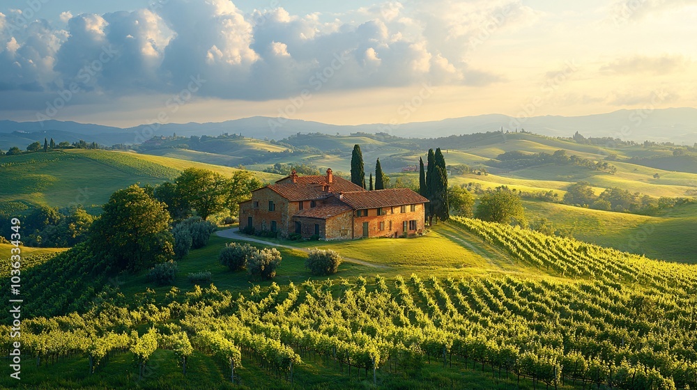 Obraz premium Tranquil Winery Surrounded by Rolling Green Hills