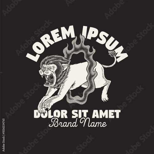 retro cartoon emblem of lion in fire ring