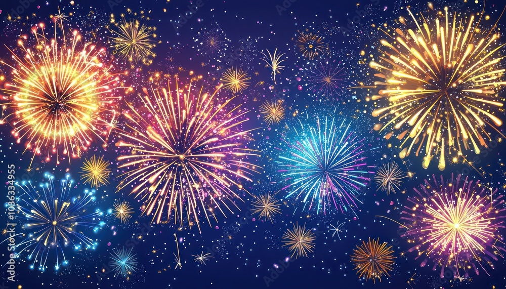 Naklejka premium Vibrant fireworks in the twilight sky, perfect for New Year or Independence Day.