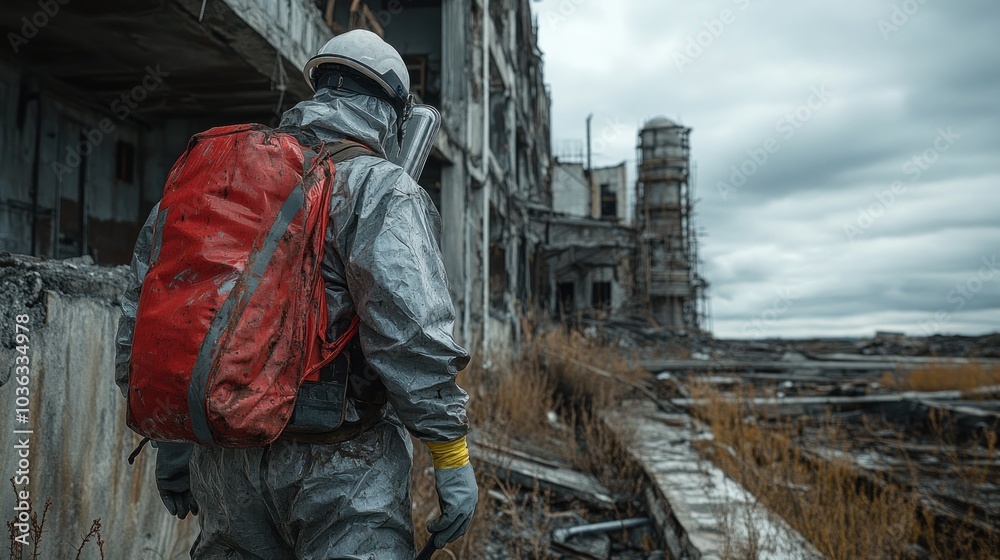 A figure in protective gear explores a dilapidated urban area. A figure in protective gear explores a dilapidated urban area.