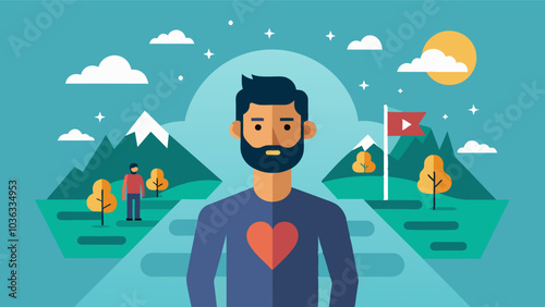 Through his journey the man has learned the importance of selfacceptance and embracing imperfection.. Vector illustration