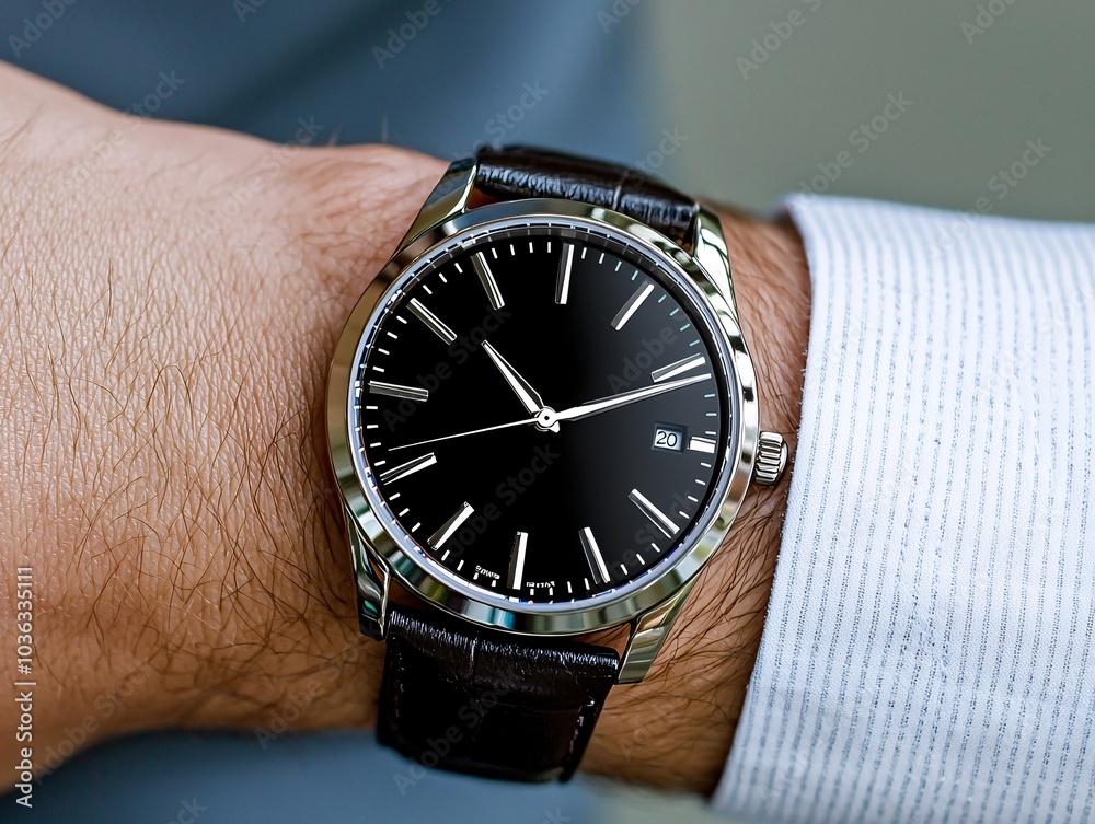Elegant Black Watch on Male Wrist in Natural Light Elegant Black Watch on Male Wrist in Natural Light