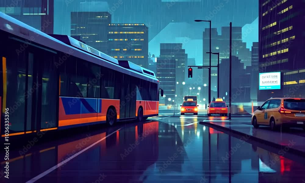 A red bus and cars drive on a city street in heavy rain, with glowing streetlights and tall buildings in the background.