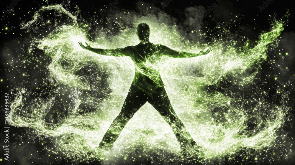 Abstract Human Figure Surrounded by Green Energy and Stars Abstract Human Figure Surrounded by Green Energy and Stars
