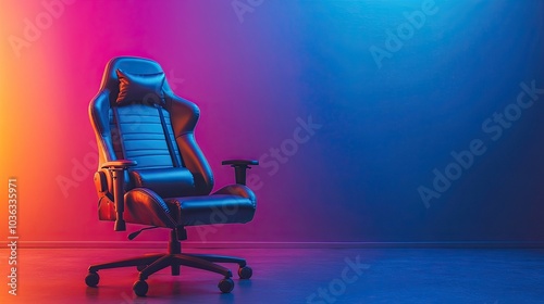 A gaming chair with a vibrant backdrop and a gaming theme photo