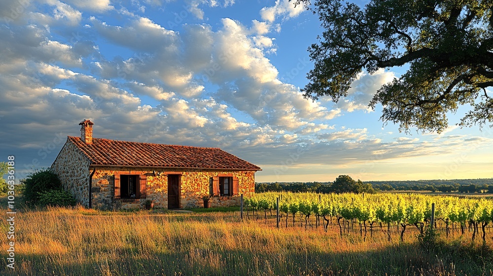 Fototapeta premium Tranquil Winery Amidst Grassy Plains at Dusk