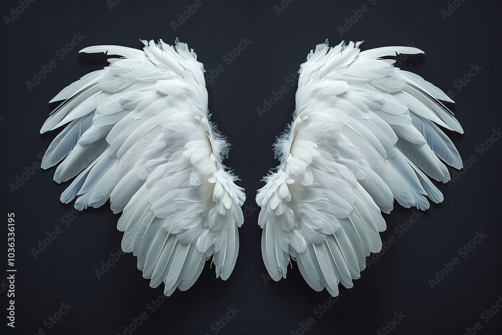 Angel wings isolated on the black background, fantasy feather wings for fashion design, cosplay and dress up party. Angel wings isolated on the black background, fantasy feather wings for fashion design, cosplay and dress up party.