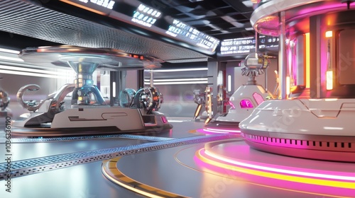 A futuristic robotic amusement park with thrill rides operated by robotic attendants, Theme park style, photo of