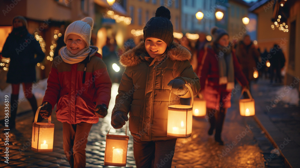 Children smiling with handmade star lanterns at night. Children smiling with handmade star lanterns at night.