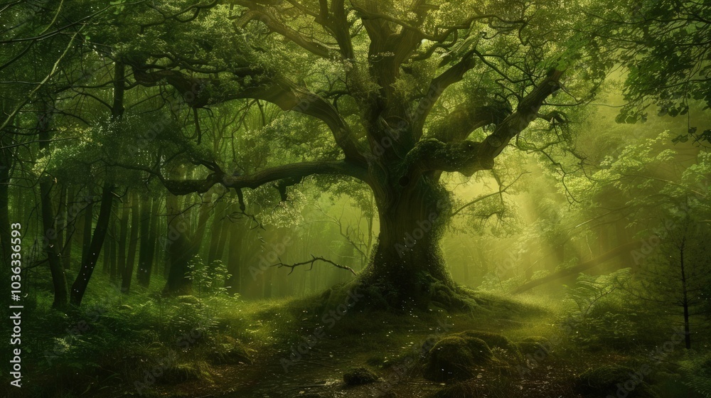 Obraz premium Enchanted Forest with Ancient Tree and Sunbeams