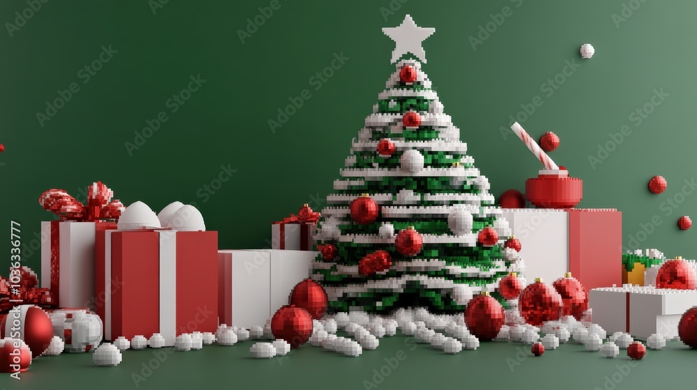 A stylish Christmas scene featuring a decorated tree, colorful gifts, and holiday ornaments against a festive green background. A stylish Christmas scene featuring a decorated tree, colorful gifts, and holiday ornaments against a festive green background.