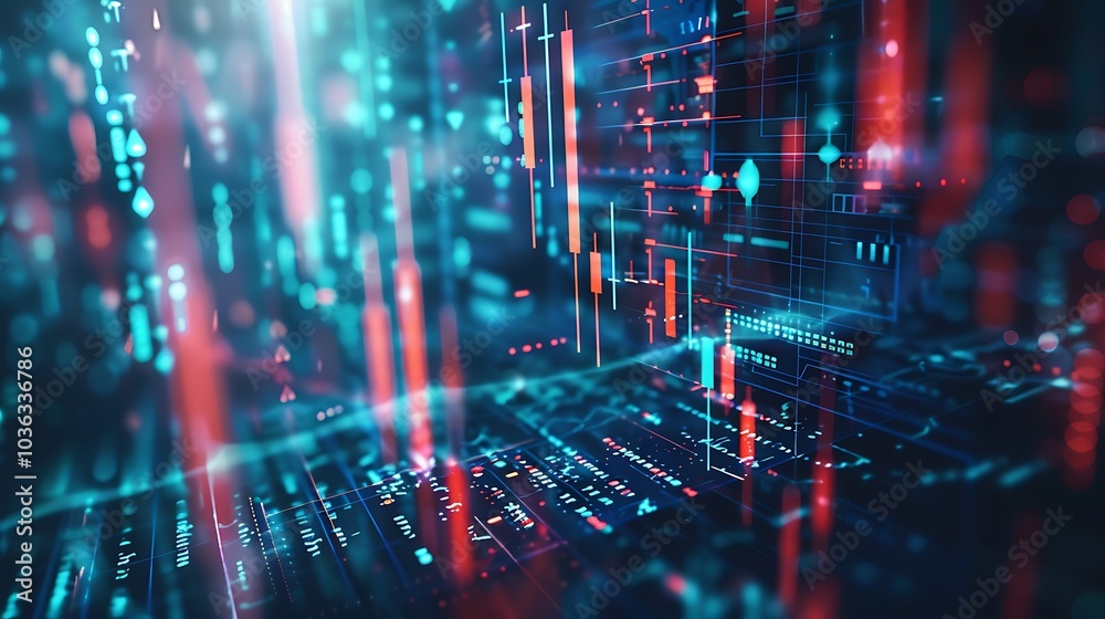 Obraz premium Abstract digital data visualization with vibrant colors and patterns representing technology and information flow.