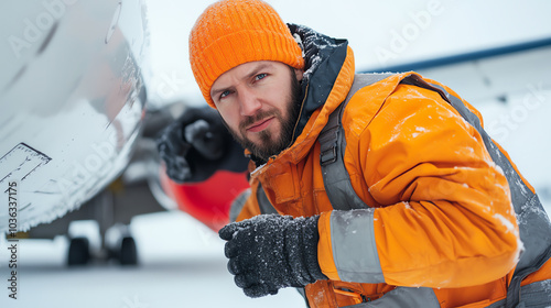 A determined worker in an orange safety jacket and beanie performs maintenance on an aircraft in snowy conditions, showcasing resilience and diligence. photo