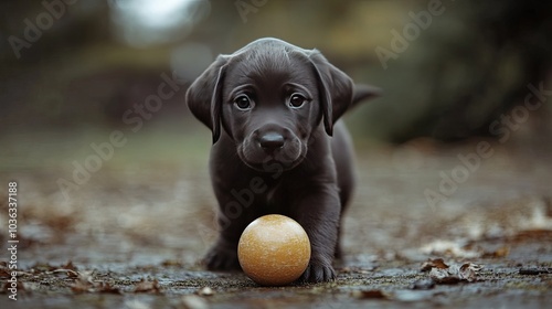 A Labrador dog running after a ball photo