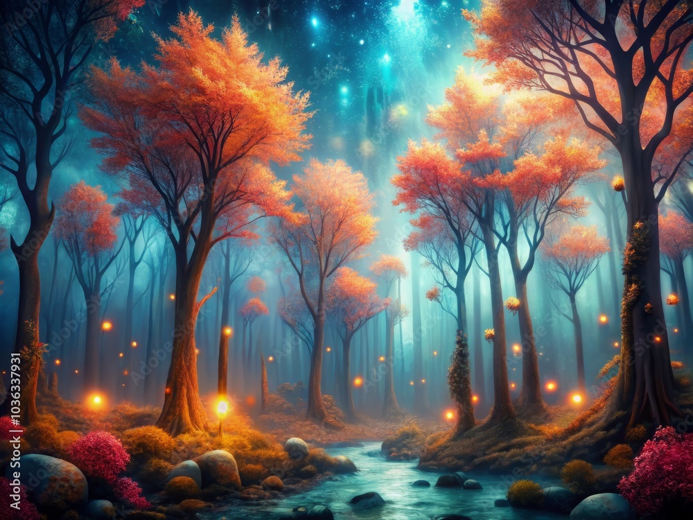 Fototapeta premium Mystical, otherworldly coral forest, where trees have glowing, crystalline trunks and leaves that shimmer like stardust.