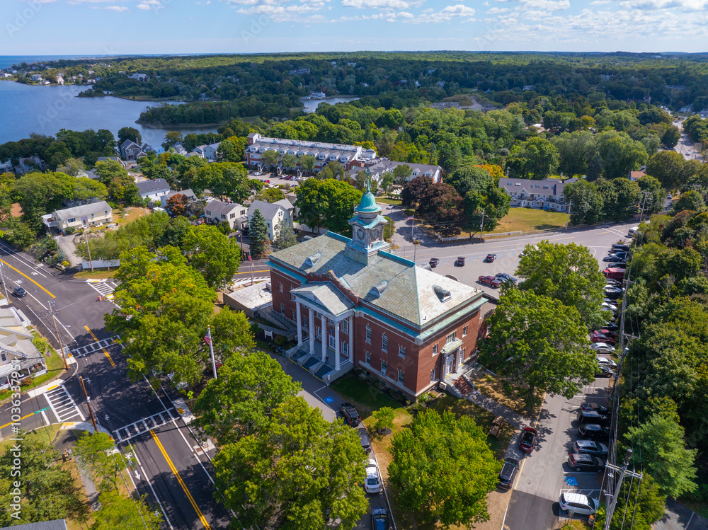 Hull Town Hall aerial view on Atlantic Avenue in Atlantic district in historic town center of Hull, Massachusetts MA, USA. Hull Town Hall aerial view on Atlantic Avenue in Atlantic district in historic town center of Hull, Massachusetts MA, USA.