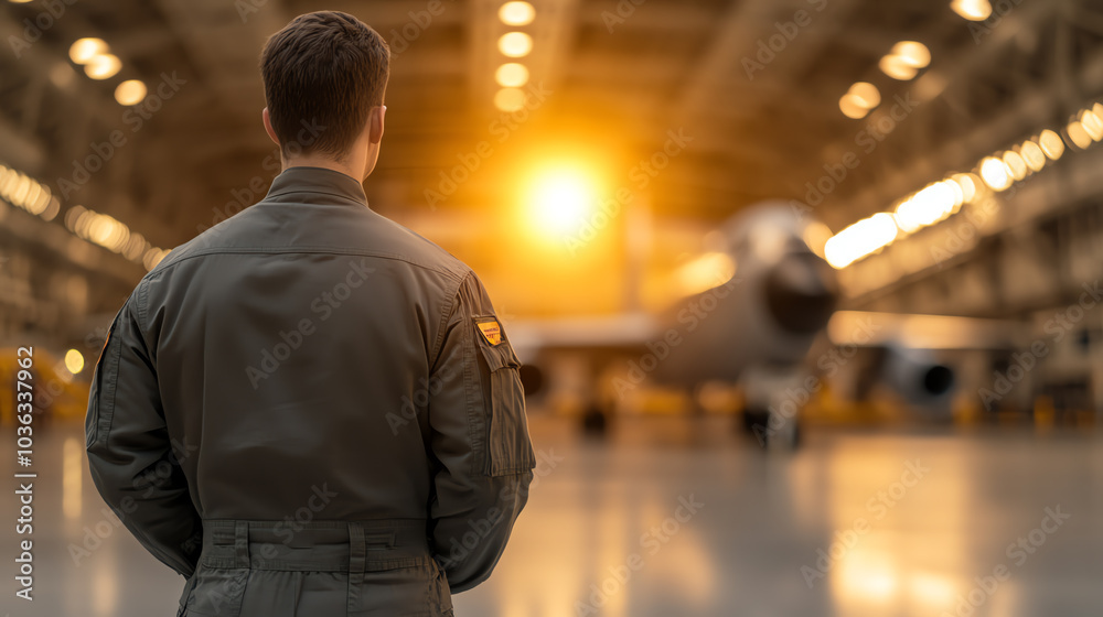 A military personnel stands in an aircraft hangar during sunset, reflecting on the day's work and the mission ahead. A military personnel stands in an aircraft hangar during sunset, reflecting on the day's work and the mission ahead.