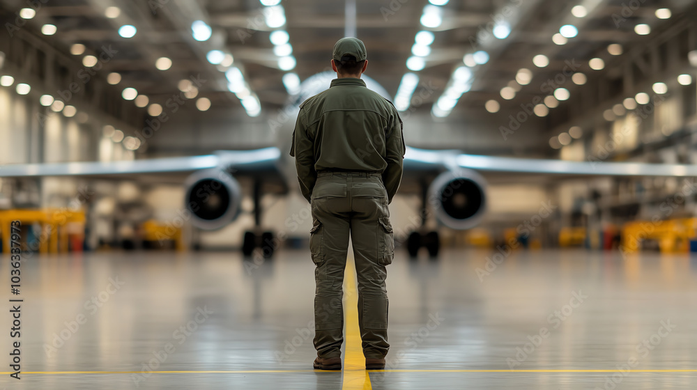Fototapeta premium A military personnel stands focused in an aircraft hangar, observing a large jet aircraft, illuminated by bright workshop lights.