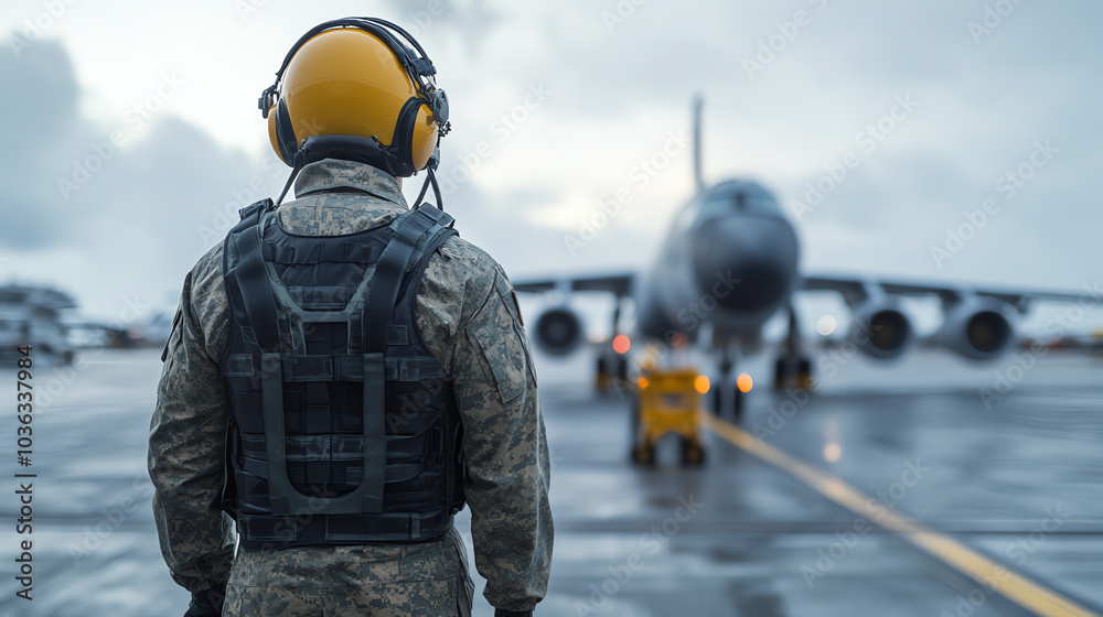 A military personnel stands on a wet runway, wearing a helmet and equipment, in front of an airplane during an overcast day. A military personnel stands on a wet runway, wearing a helmet and equipment, in front of an airplane during an overcast day.