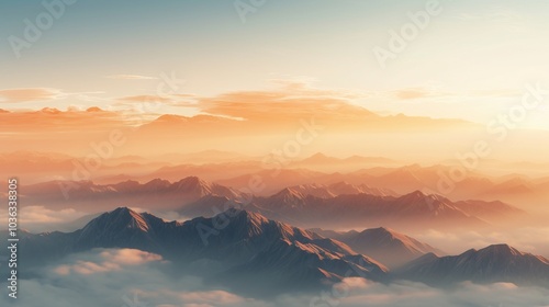 Aerial view of majestic mountain range bathed in warm sunset light, showcasing vibrant colors and dramatic shadows, perfect for scenic travel and nature photography