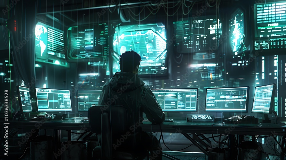 A person working at a high-tech computer station surrounded by multiple screens displaying data and graphics.