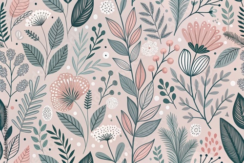 5. Delicate, hand-drawn Soft Pink and Cool Gray botanical illustrations, with tender, organic shapes and whimsical curves