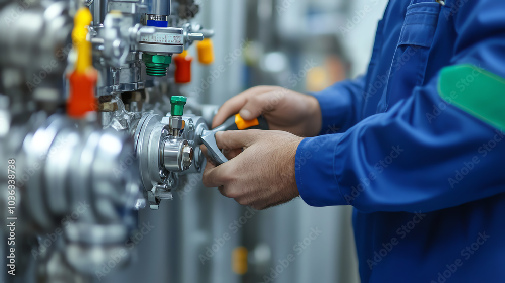 A technician working on industrial machinery, adjusting equipment with tools in a factory setting, showcasing hands-on technical expertise.