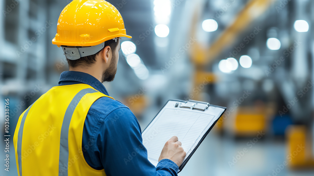 A worker in a safety helmet checks a clipboard in a bustling industrial environment, ensuring efficient operations and safety protocols.