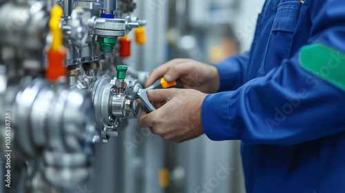 Obraz na płótnie A technician working on industrial machinery, adjusting equipment with tools in a factory setting, showcasing hands-on technical expertise. w salonie