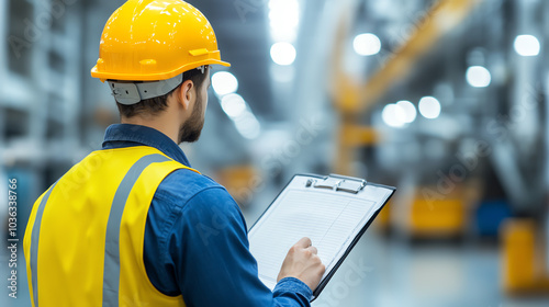 Obraz na płótnie A worker in a safety helmet checks a clipboard in a bustling industrial environment, ensuring efficient operations and safety protocols. w salonie