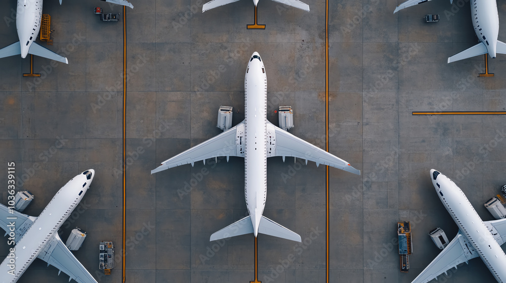Aerial view of white commercial airplanes positioned at an airport, showcasing organized parking and aircraft arrangement on the tarmac.