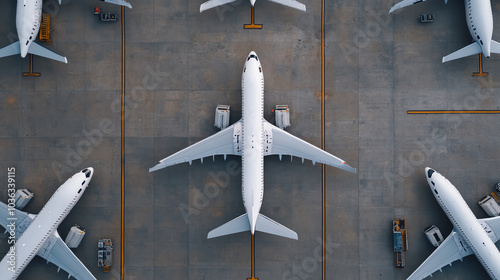 Obraz na płótnie Aerial view of white commercial airplanes positioned at an airport, showcasing organized parking and aircraft arrangement on the tarmac. w salonie