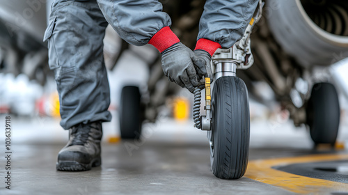 Aircraft technician inspecting and servicing an airplane's landing gear on the tarmac. Focused on maintenance for safe flight operations.