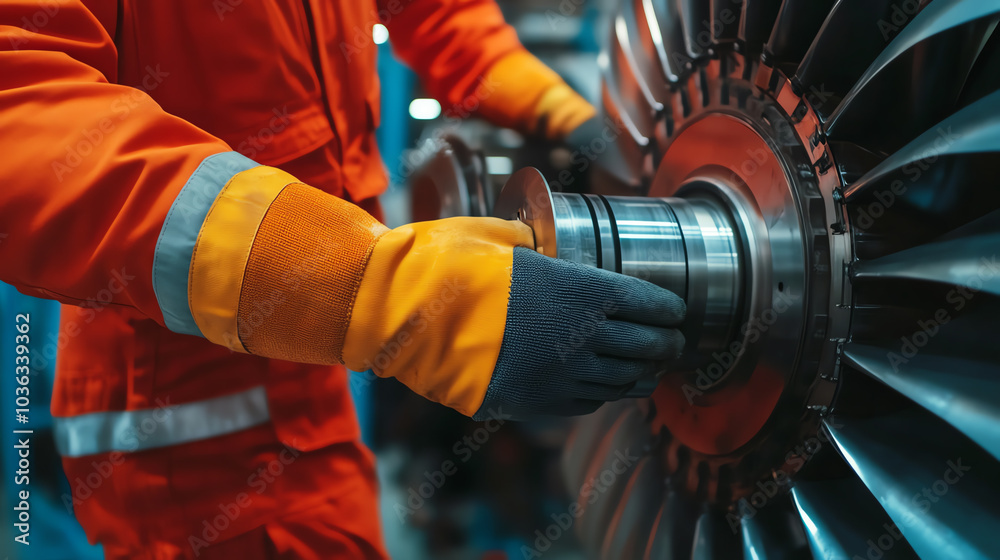 An engineer works on a turbine engine, showcasing precision and expertise in a modern industrial setting with advanced machinery. An engineer works on a turbine engine, showcasing precision and expertise in a modern industrial setting with advanced machinery.