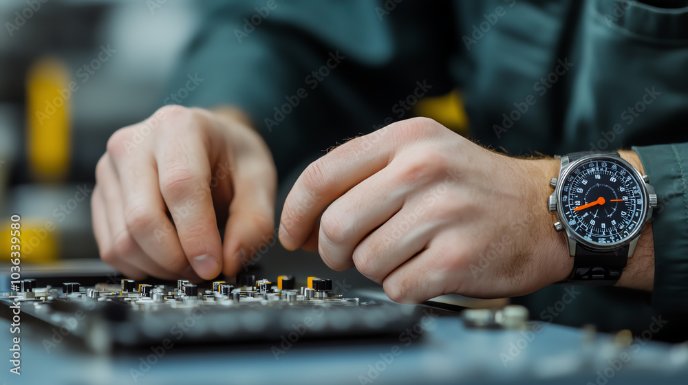 Fototapeta premium Close-up of a person's hands working meticulously on electronic components, showcasing precision and craftsmanship in a workshop setting.