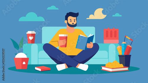 On a lazy Sunday a man indulges in a selfcare day watching his favorite movies reading a good book and treating himself to his favorite snacks.. Vector illustration