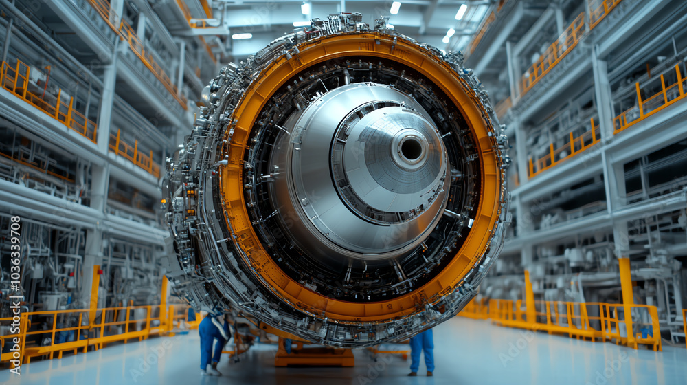 Close-up of an industrial turbine engine in a modern factory, showcasing intricate details and engineering precision. Close-up of an industrial turbine engine in a modern factory, showcasing intricate details and engineering precision.