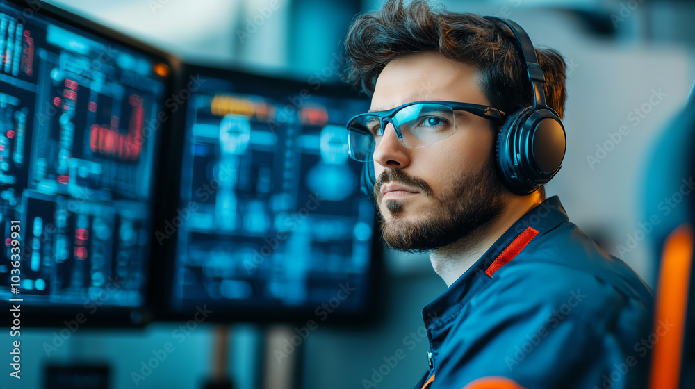 Focused male engineer with headphones and glasses, working on advanced digital technology, monitoring multiple screens with data graphs. Focused male engineer with headphones and glasses, working on advanced digital technology, monitoring multiple screens with data graphs.