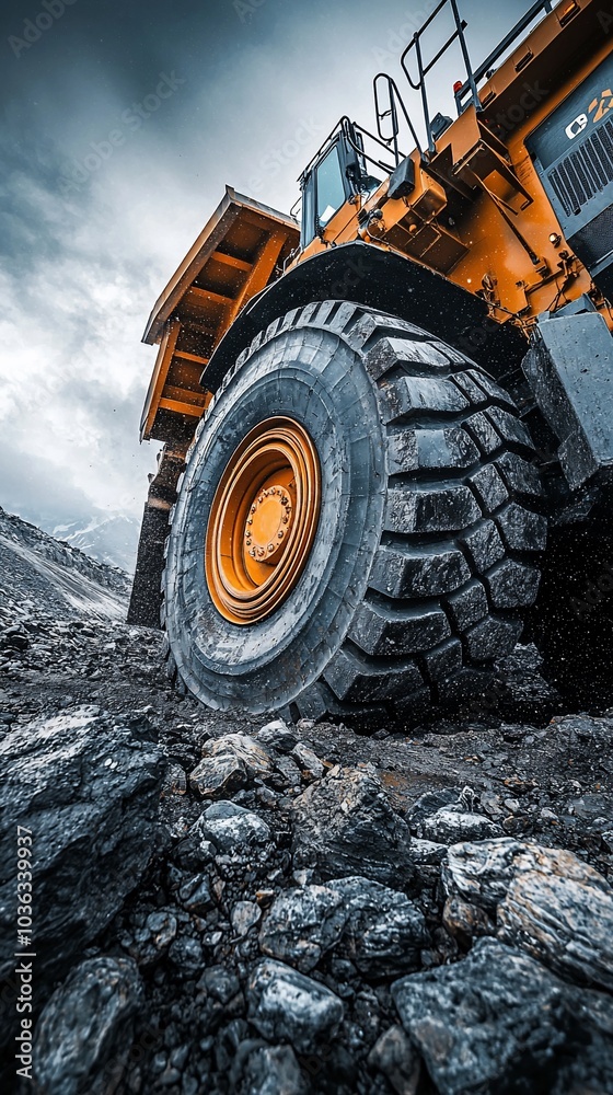 A large yellow mining truck drives over rocks and dirt. A large yellow mining truck drives over rocks and dirt.