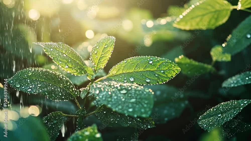 Dew-covered green leaves in soft sunlight. Dew-covered green leaves in soft sunlight.
