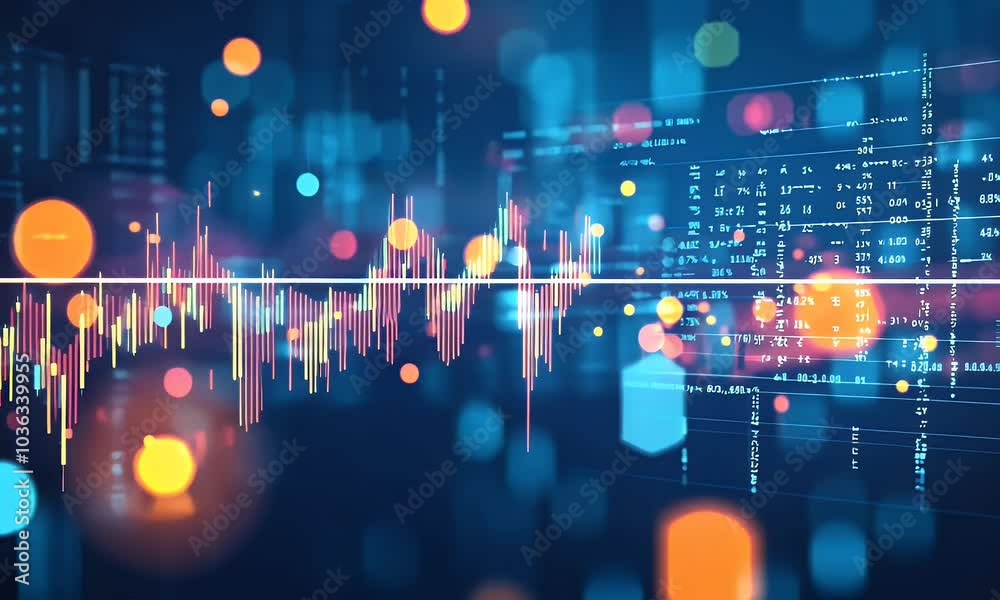 
Realistic stock market graph with candlestick chart and business background, blue color theme, bokeh effect, high resolution, detailed