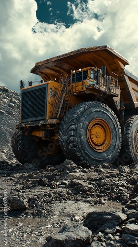 A large yellow mining truck sits on a dirt road in a quarry.