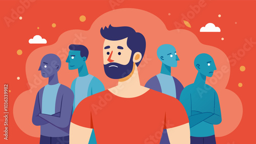 The man feels selfconscious and constantly compares himself to other men he perceives as having the perfect body creating a toxic cycle of societal pressure.. Vector illustration