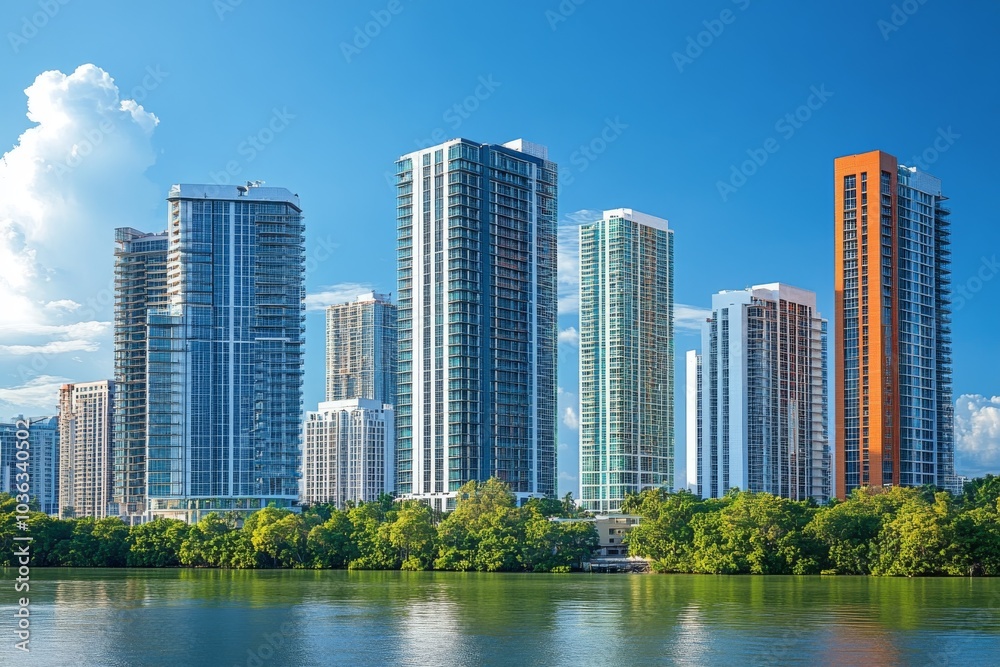 Modern Skyscrapers on Waterfront with Blue Sky and Clouds Modern Skyscrapers on Waterfront with Blue Sky and Clouds
