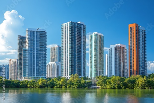 Modern Skyscrapers on Waterfront with Blue Sky and Clouds