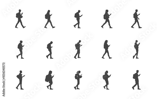 Students walking and using a phone svg, Students walking with smartphone silhouette, Students walking smartphone svg.
