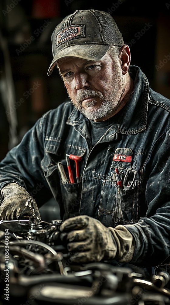 A mechanic works on a car engine, his face focused and determined. He is wearing a black work uniform, a black baseball cap, and gloves. His hands are covered in grease. A mechanic works on a car engine, his face focused and determined. He is wearing a black work uniform, a black baseball cap, and gloves. His hands are covered in grease.